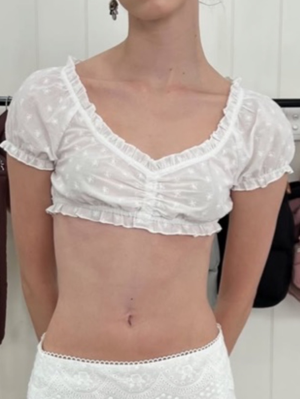 White Swiss Dot Ruched Crop Top with Ruffle Trim